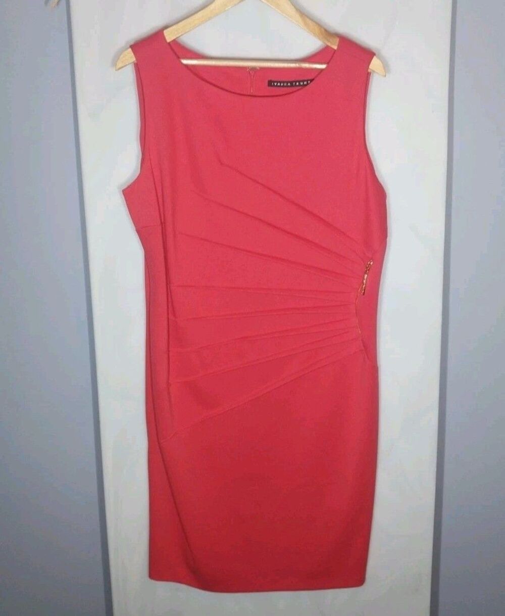 Ivanka Trump Dress Womens 16 Coral Sheath Ruched Gold Zip Sleeveless Career